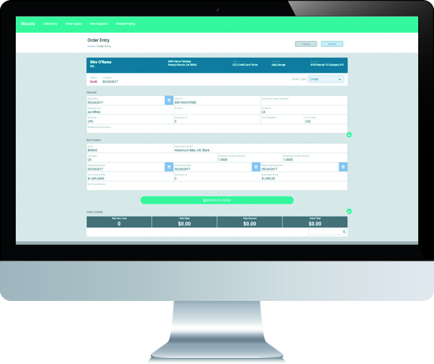 A computer screen showing an order entry interface with fields for billing information, item details, and order summary.